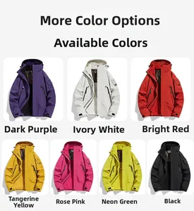 Detailed grid view of waterproof outdoor jackets in 7 vibrant colors with hooded design