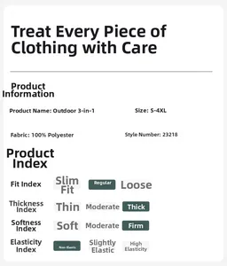 Outdoor 3-in-1 jacket size chart and material details showing 100% polyester fabric info