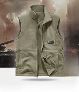 Detail of khaki fleece-lined vest showing warm thick texture and outdoor military style