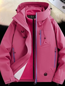 Waterproof rose red 3-in-1 outdoor jacket with warm pink fleece lining and hooded design