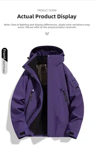 Close-up of waterproof 3-in-1 outdoor jacket with thermal lining and zipper pockets