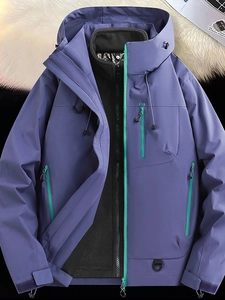 Waterproof outdoor mountain jacket in purple-blue with hooded design and black fleece lining