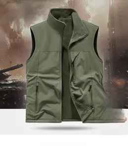 Detail of army green tactical vest with fleece lining and multi-zippered pockets