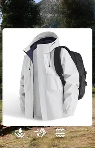 Detail of light gray outdoor jacket with windproof and waterproof functional fabric