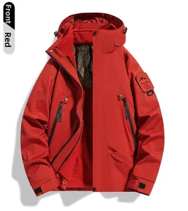 Detail view of the vermilion red waterproof outdoor jacket with adjustable hood and zippers