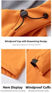 Details von verstellbarer Kapuze, Saum und elastischen Bündchen der Outdoor-Jacke