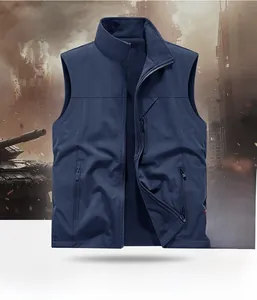 Detail of navy blue tactical outdoor vest with fleece lining and functional zipper pockets