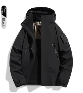 Front view of black waterproof outdoor jacket with mountain patch and adjustable hood