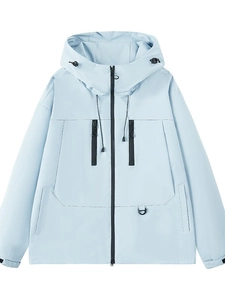Light blue hooded outdoor windbreaker with functional multi-pockets and waterproof fabric