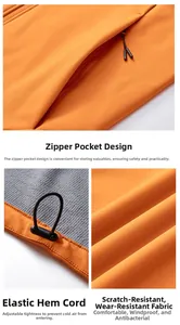 Details der orangefarbenen Outdoor-Jacke mit Reißverschlusstaschen und Kordelzug am Saum