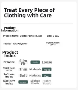 Detailed size chart and fabric specifications for the outdoor polyester mountain jacket