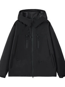 Men's black hooded outdoor windbreaker jacket with multiple pockets and drawstring hood