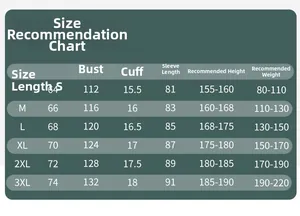 Size chart table for outdoor hiking jackets showing length, chest, and height recommendations