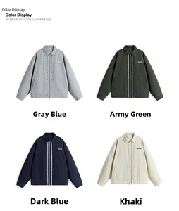 Detailed color selection of retro men's canvas jackets in gray, green, navy, and khaki