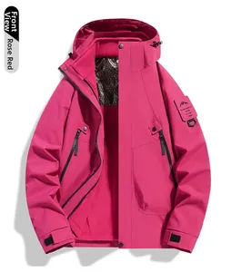 Detail view of rose red hooded outdoor jacket with warm fleece lining and adjustable cuffs
