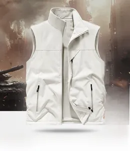 Detail of off-white outdoor vest showing windproof fabric and warm fleece lining