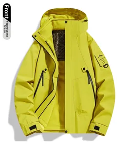 Front view of waterproof 3-in-1 hiking jacket in fluorescent green with hood