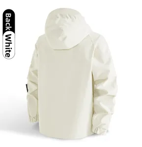 Back view of a white waterproof outdoor hiking jacket with an adjustable hood