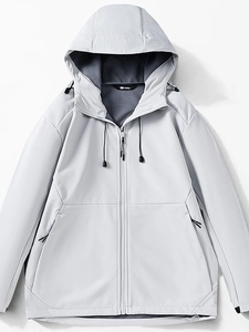 Herren Softshell-Outdoorjacke in Hellgrau mit Kapuze, winddichtem Stoff und Reißverschluss