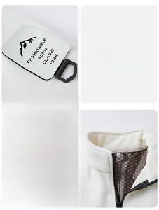 Detail of white fleece jacket featuring mountain arm patch and zip-up stand collar texture
