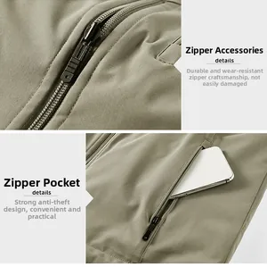 Detail view of olive green vest featuring durable zippers and a secure anti-theft pocket