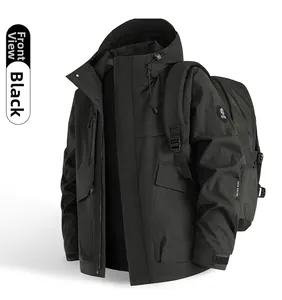 Front view of a black outdoor functional jacket with adjustable hood and multi-pockets