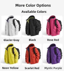Outdoor hooded jackets displayed in glacier gray, black, rose, yellow, red, and purple colors