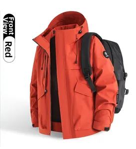 Detailed front view of a red hooded windproof outdoor jacket with adjustable cuffs