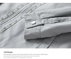 Close-up of canvas texture and ethnic geometric ribbon detail on retro work jacket