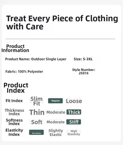 Detailed size chart S-3XL and technical specifications for 100% polyester outdoor jacket