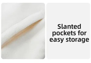 Detail of slanted pocket on white fleece jacket showing warm textured fabric