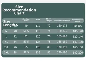 Detailed size chart for outdoor jacket with length, shoulder, bust, and weight recommendations