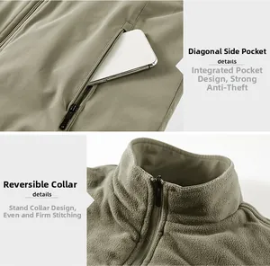Detail view of khaki tactical vest featuring large zipper pocket and reinforced stitching