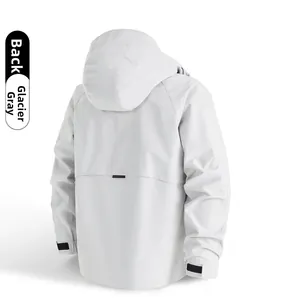 Rear view of glacier grey outdoor jacket showing adjustable cuffs and back ventilation
