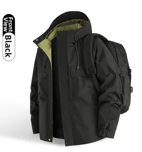 Detail of outdoor hooded jacket in black with adjustable drawstrings and large cargo pockets