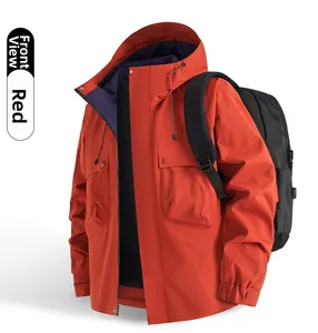 Detailed front view of vermilion red outdoor jacket with drawstring hood and functional pockets