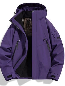 Purple 3-in-1 waterproof hiking jacket with thermal lining and adjustable hood
