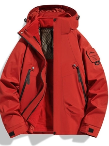 Red waterproof outdoor 3-in-1 jacket for men with hooded windproof shell and zipper