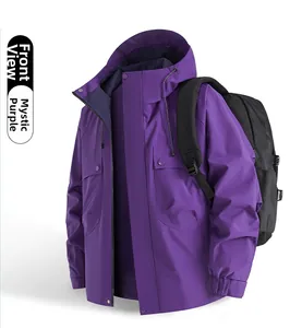 Front view of mystical purple outdoor waterproof jacket with hood and functional pockets