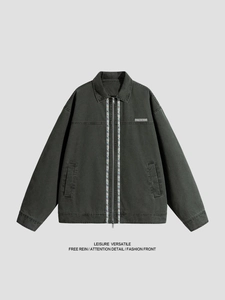 Men's American Vintage Washed Cotton Workwear Jacket Loose Fit Ethnic Embroidery Tape Zipper Lapel Casual Outdoor Long Sleeve Top Outerwear