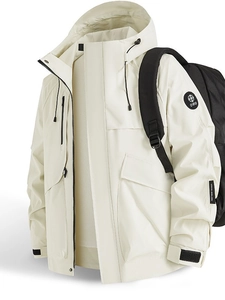 Beige outdoor hooded jacket with waterproof fabric and multi-pocket functional design