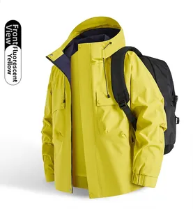 Front view of a fluorescent yellow outdoor hooded windbreaker with drawstring and pockets