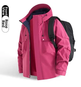 Front view of rose red waterproof outdoor hooded jacket with pockets and adjustable cuffs