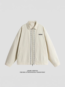 Men's vintage beige cotton jacket with ethnic ribbon detail and zipper closure