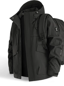 Waterproof black outdoor hooded jacket for men and women featuring multi-pockets and adjustable hood