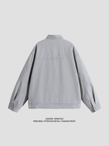 Men's vintage cotton work jacket in light grey featuring drop shoulder and casual loose fit