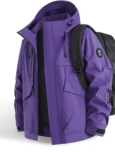 Waterproof purple outdoor hooded jacket for men with adjustable windproof features
