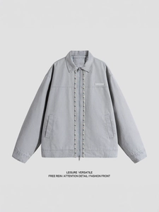 Vintage men's washed cotton jacket with geometric embroidery and zip closure