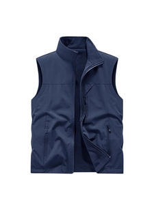 Men's reversible outdoor fleece vest with multi-pocket design in navy blue color