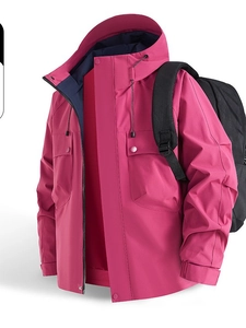 Deep pink hooded outdoor windbreaker jacket with waterproof fabric and blue lining